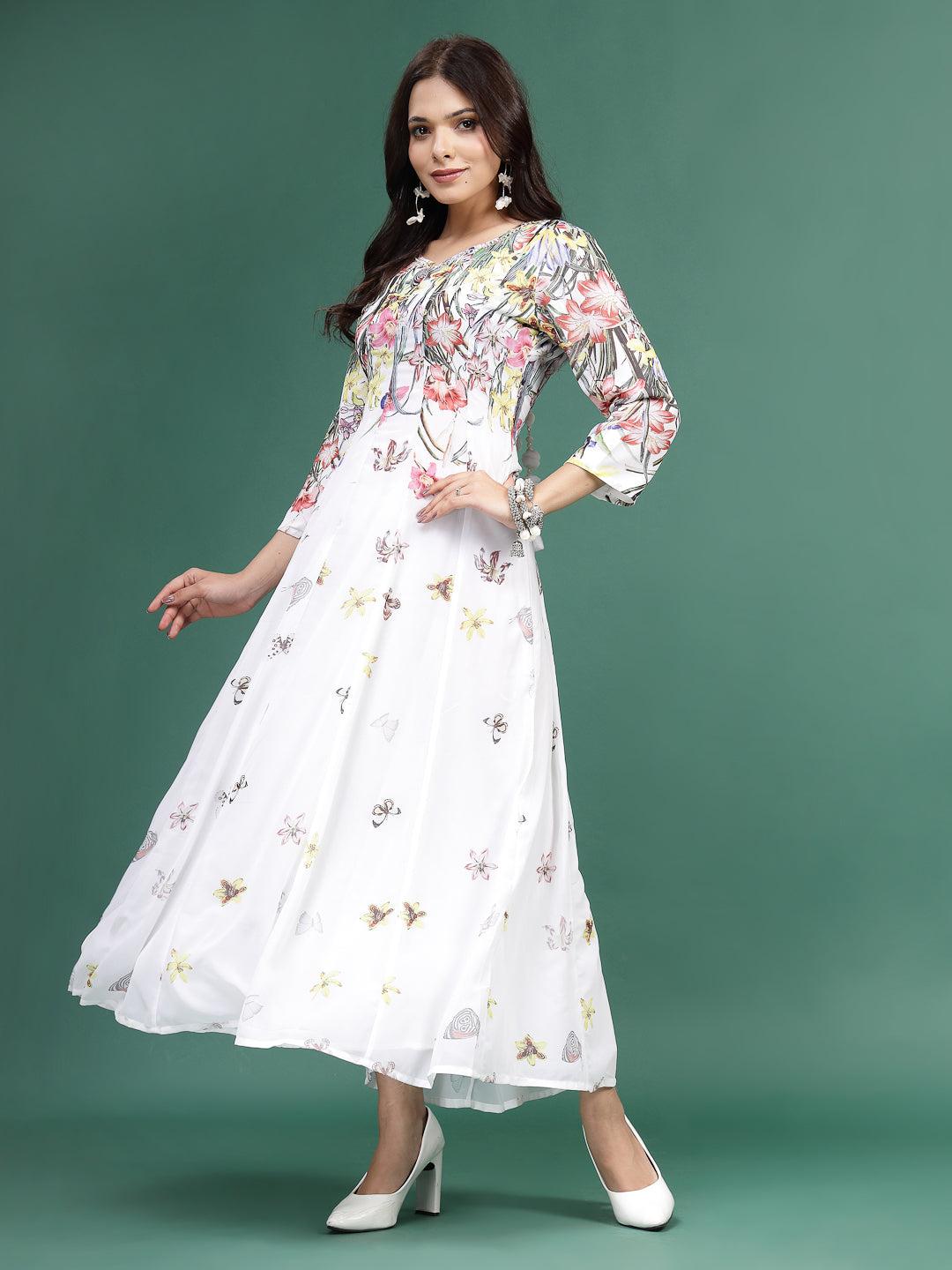 Women White Floral Printed A-Line Ethnic Dress