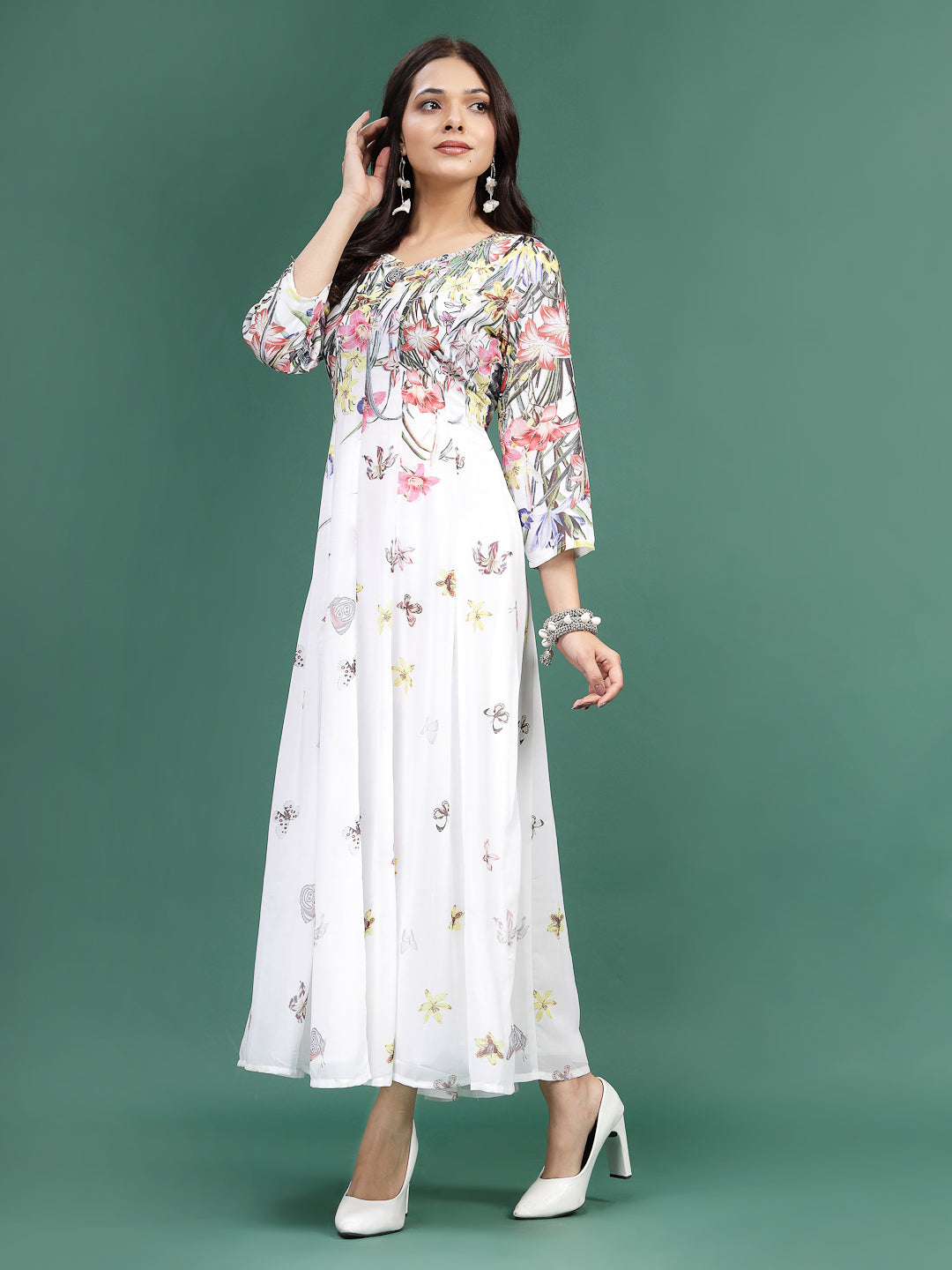 Women White Floral Printed A-Line Ethnic Dress