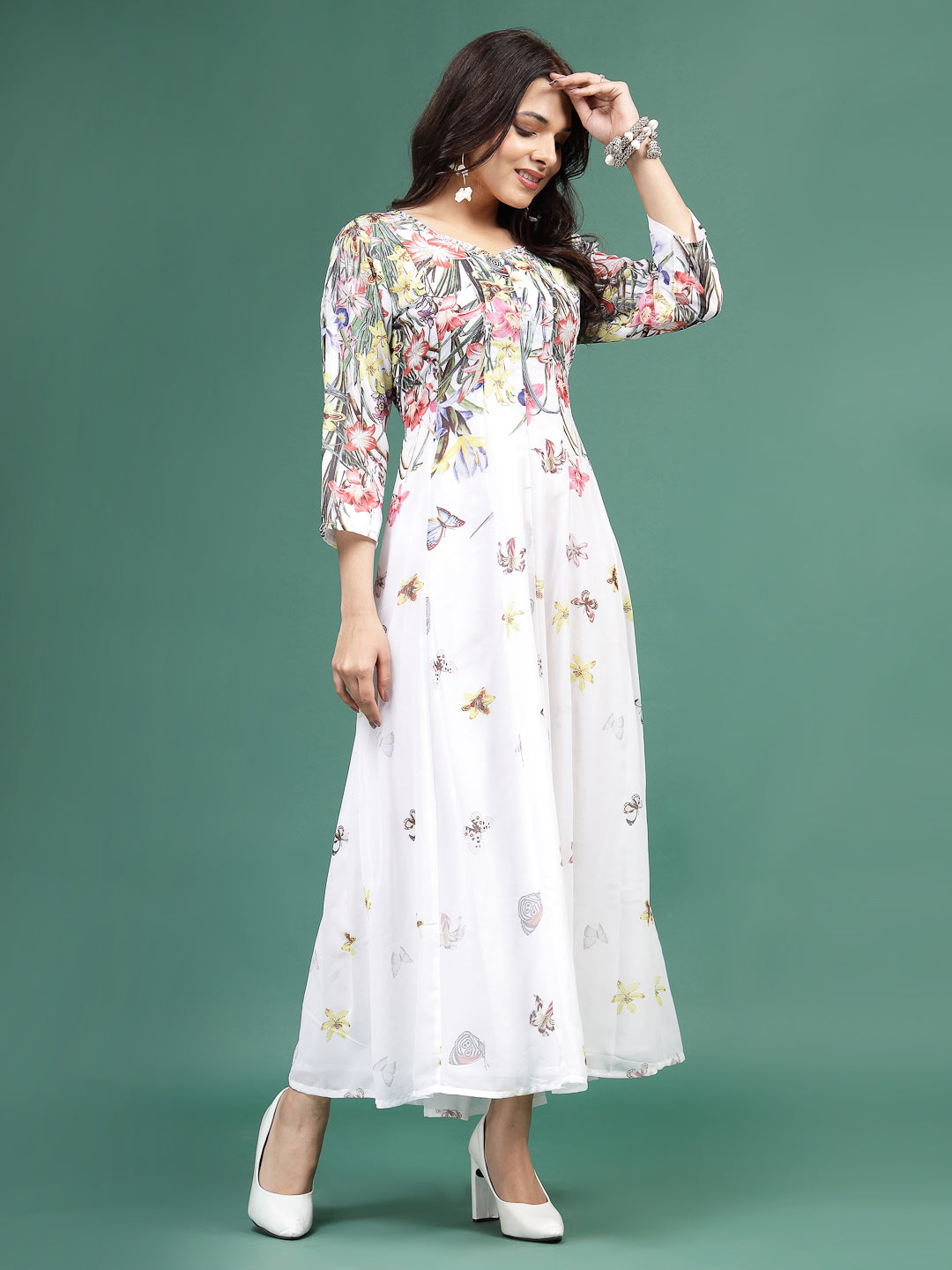 Women White Floral Printed A-Line Ethnic Dress