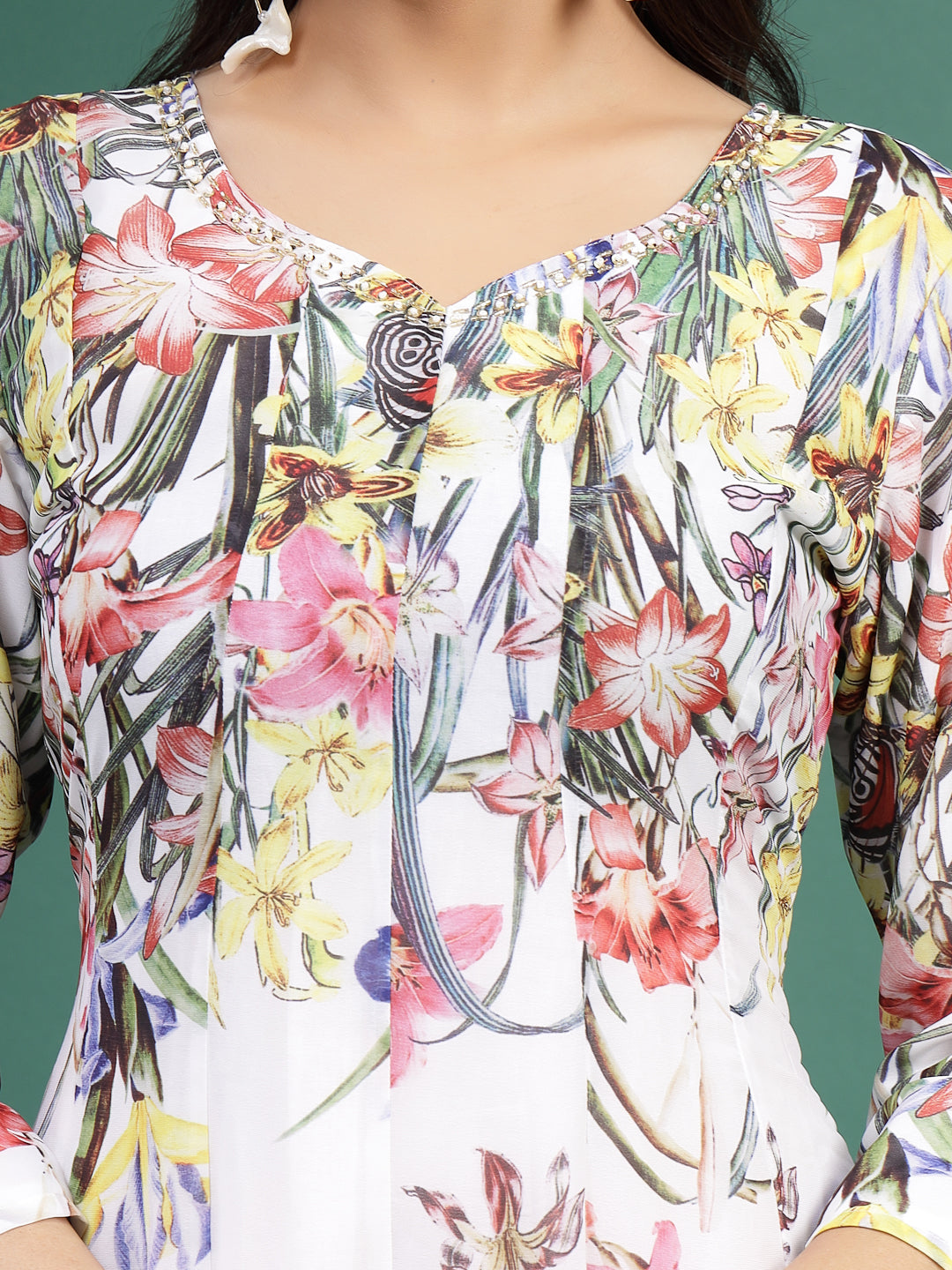 Women White Floral Printed A-Line Ethnic Dress