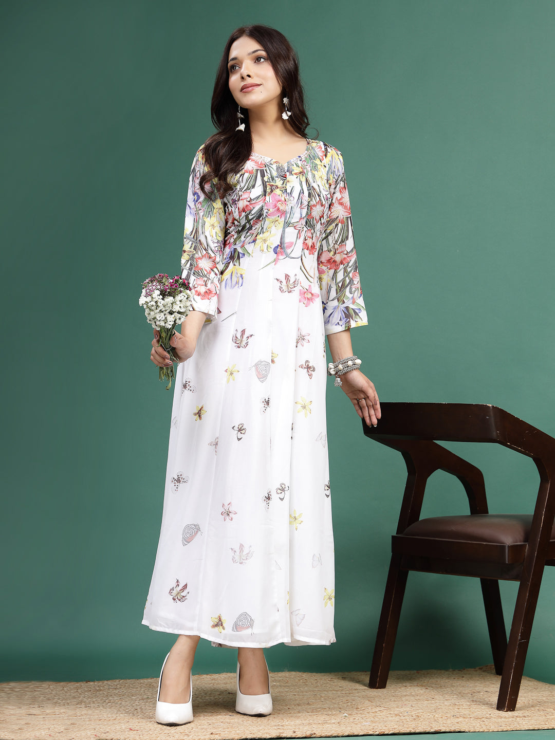 Women White Floral Printed A-Line Ethnic Dress