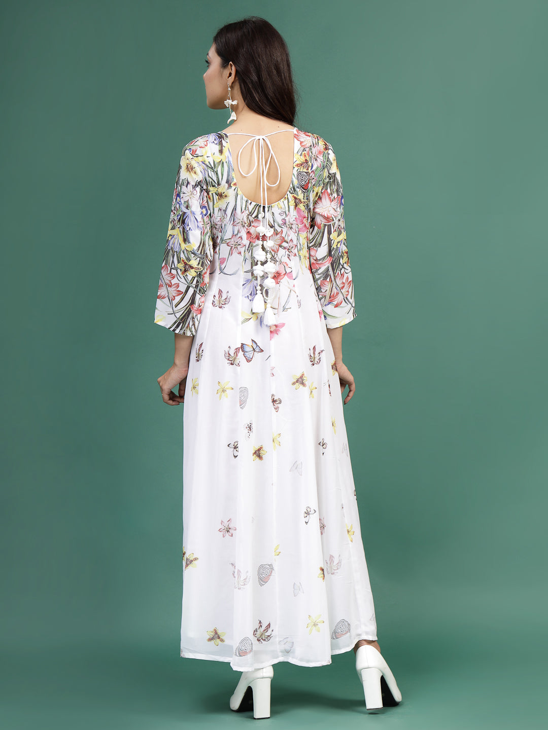 Women White Floral Printed A-Line Ethnic Dress