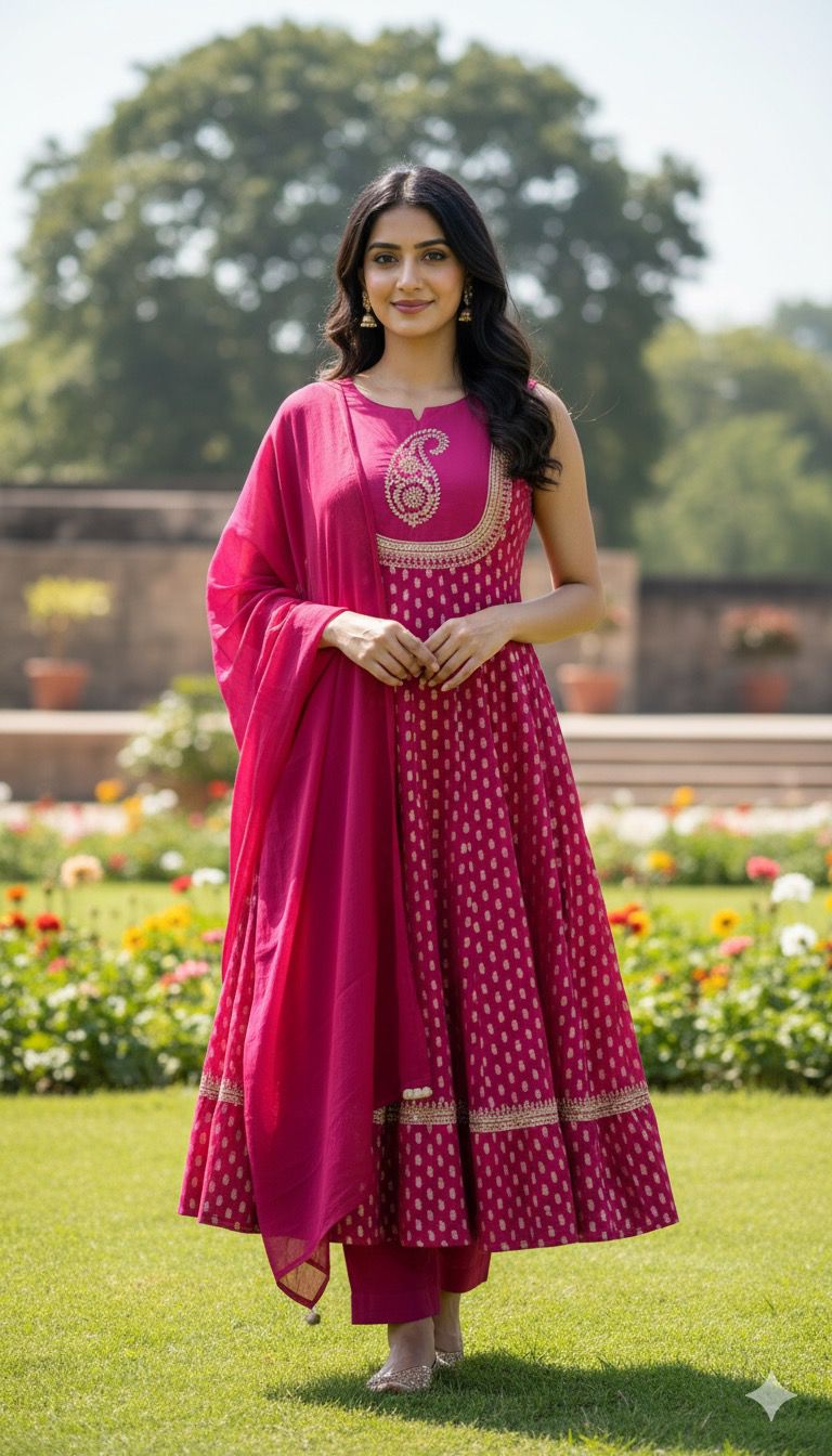 Women Pink Color Embroidery Anarkali Kurta Palazzo With Dupatta Set