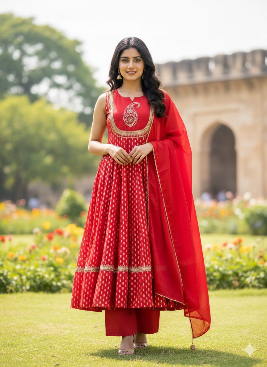 Women Red Color Embroidery Anarkali Kurta Palazzo With Dupatta Set
