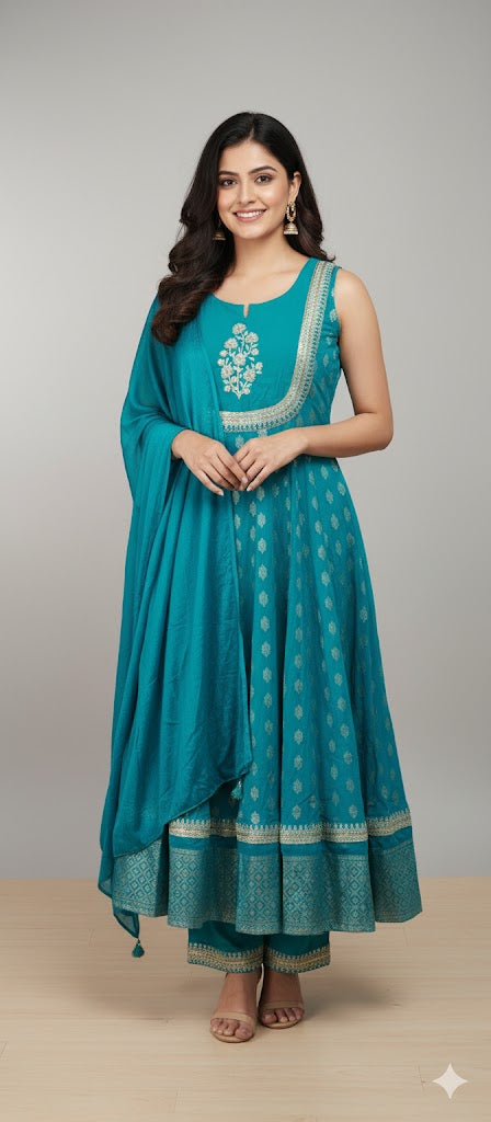 Women Turquoise Blue Color Embroidery Anarkali Kurta Palazzo With Dupatta Set