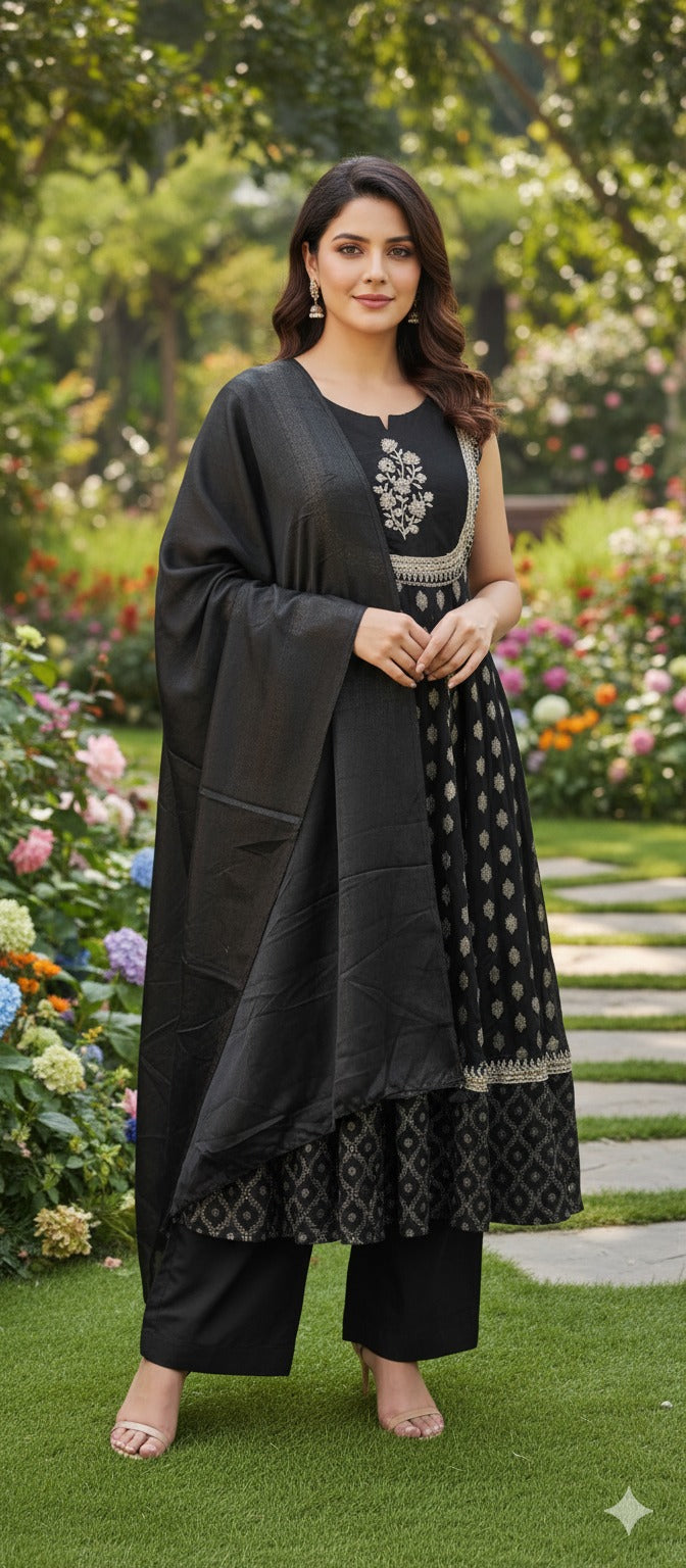 Women Black Color Embroidery Anarkali Kurta Palazzo With Dupatta Set