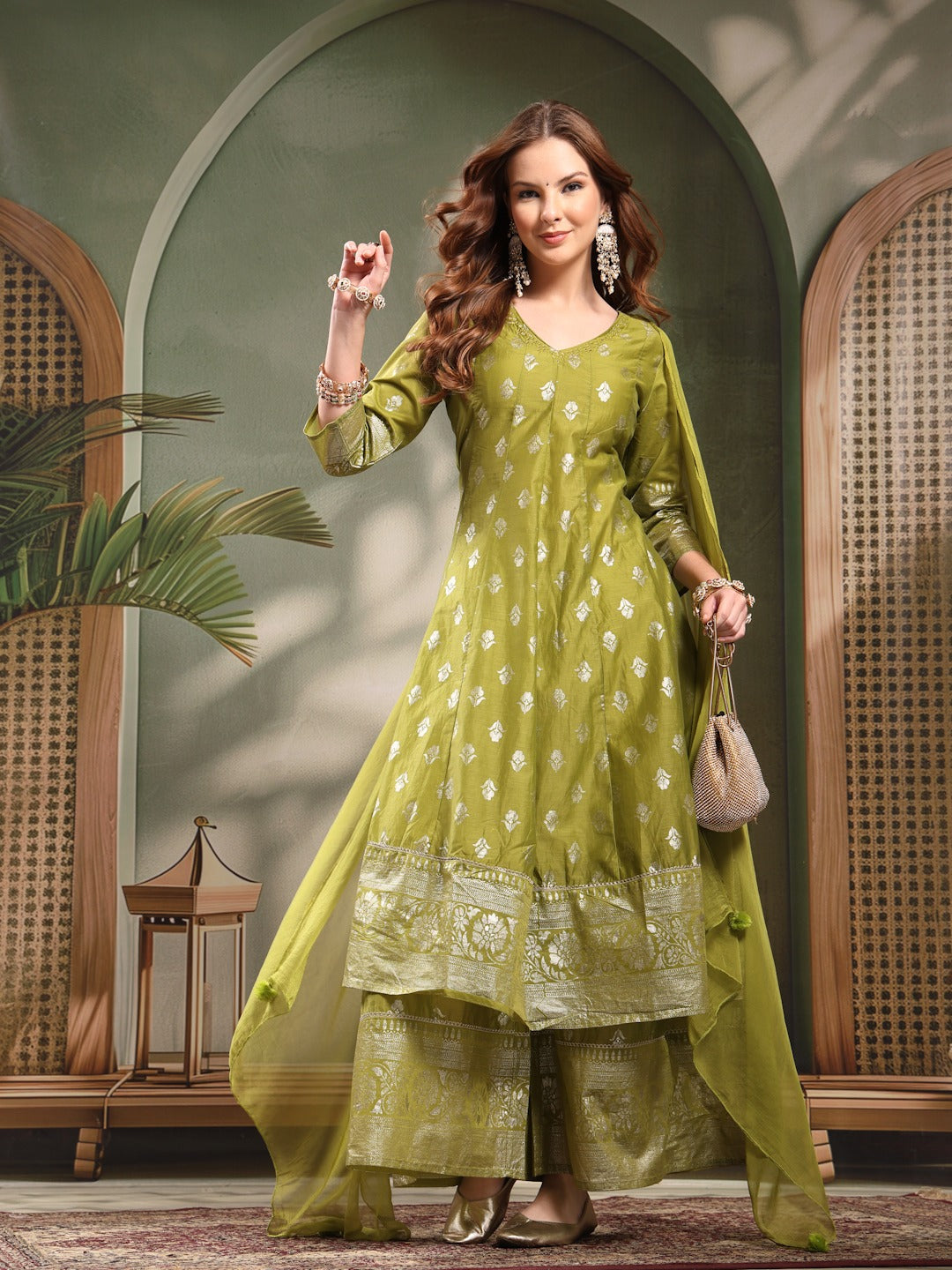 Women Green Color Printed V-Neck Anarkali Kurta & Sharara With Dupatta Set