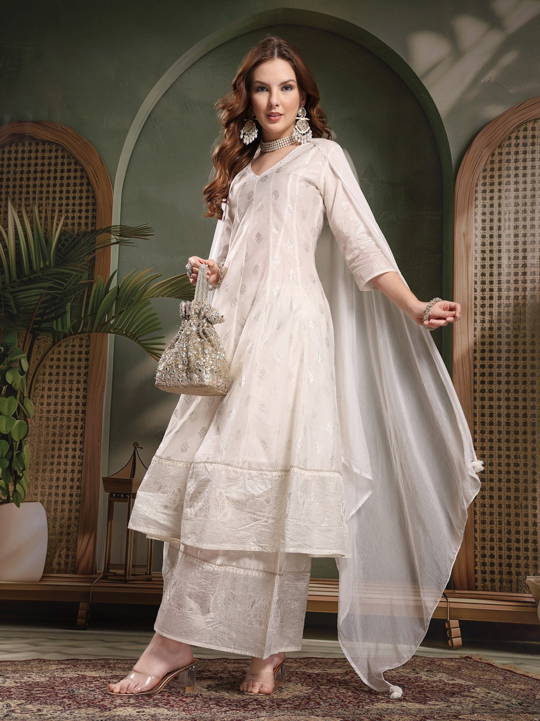 Women White Color Printed V-Neck Anarkali Kurta & Sharara With Dupatta Set