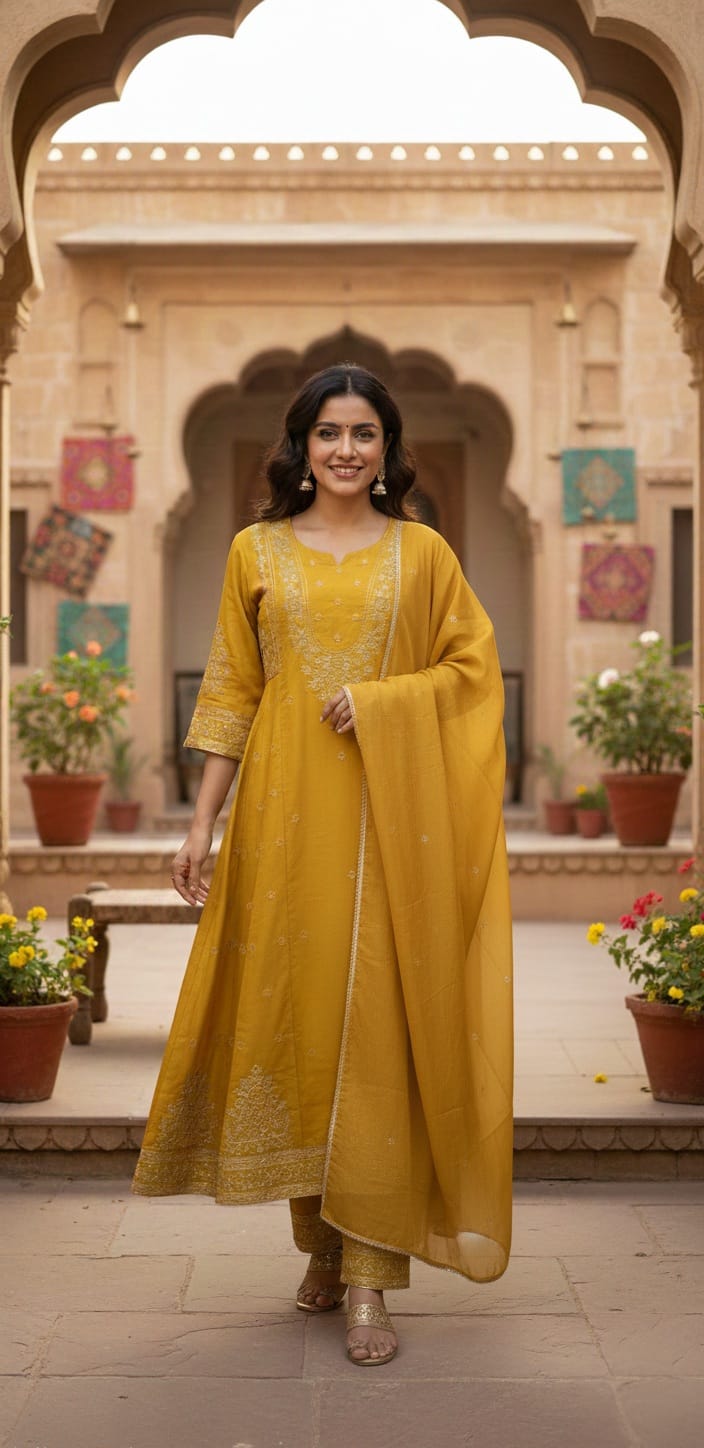 Women Mustard Embroidered Round Neck Kurta & Trousers With Dupatta Set