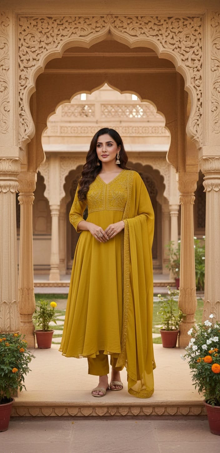 Women Yellow Embroidered V-Neck Kurta & Trousers With Dupatta Set