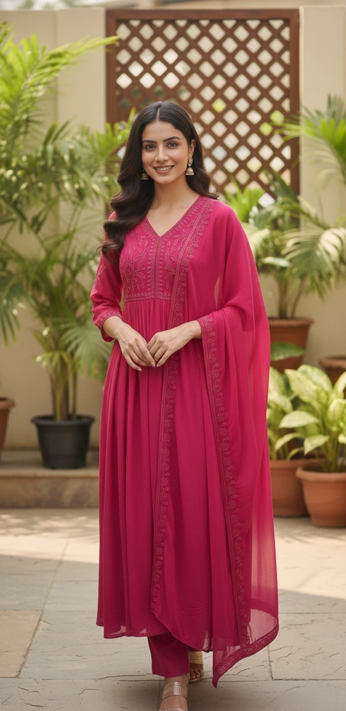 Women Pink Embroidered V-Neck Kurta & Trousers With Dupatta Set