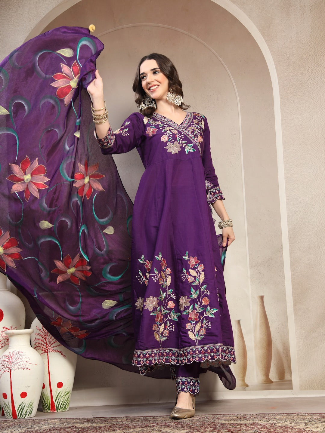 Women Purpal Embroidered V-Neck Kurta & Trousers With Dupatta Set