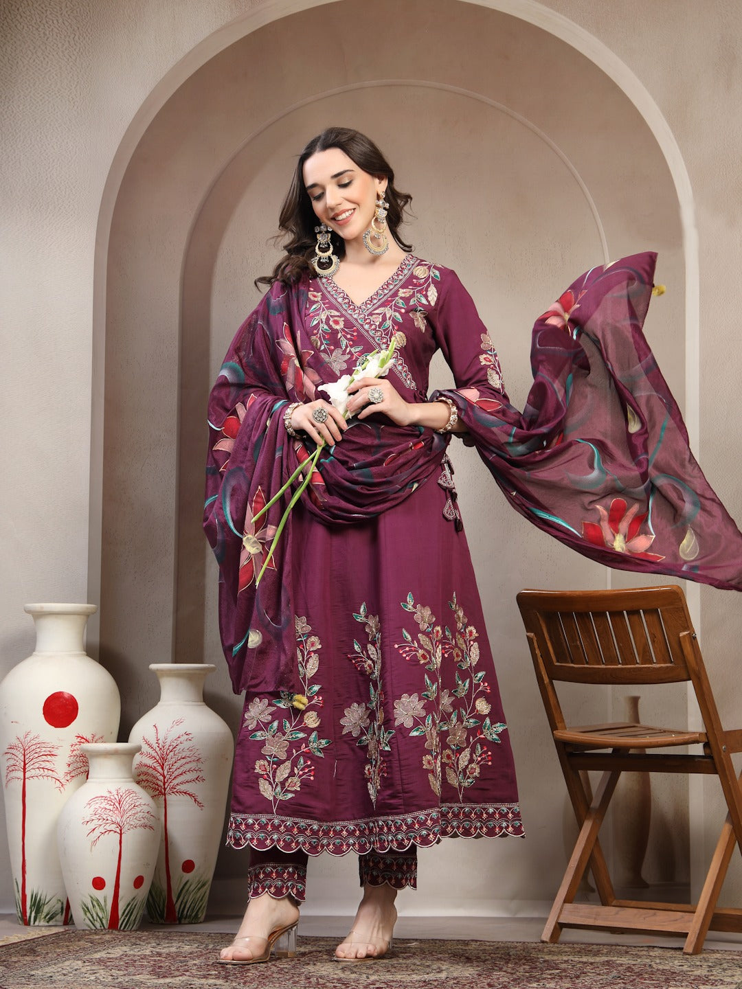 Women Mauve Embroidered V-Neck Kurta & Trousers With Dupatta Set