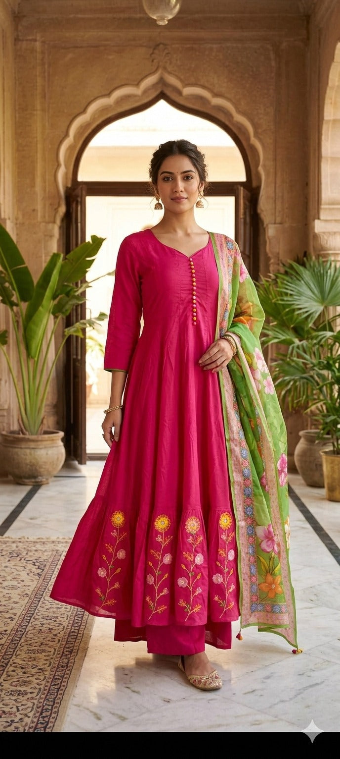 Women Pink Embroidered Pure Cotton V-Neck Kurta & Trousers With Dupatta Set