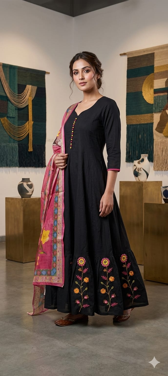 Women Black Embroidered Pure Cotton V-Neck Kurta & Trousers With Dupatta Set