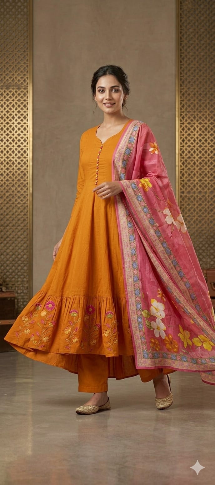 Women Rust Embroidered Pure Cotton V-Neck Kurta & Trousers With Dupatta Set
