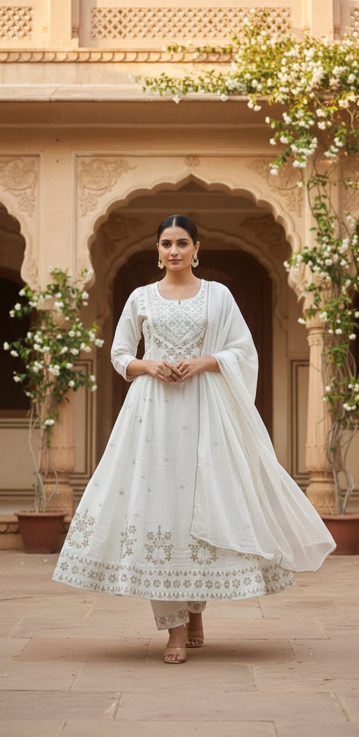 Women White Embroidered Round Neck Kurta & Trousers With Dupatta Set