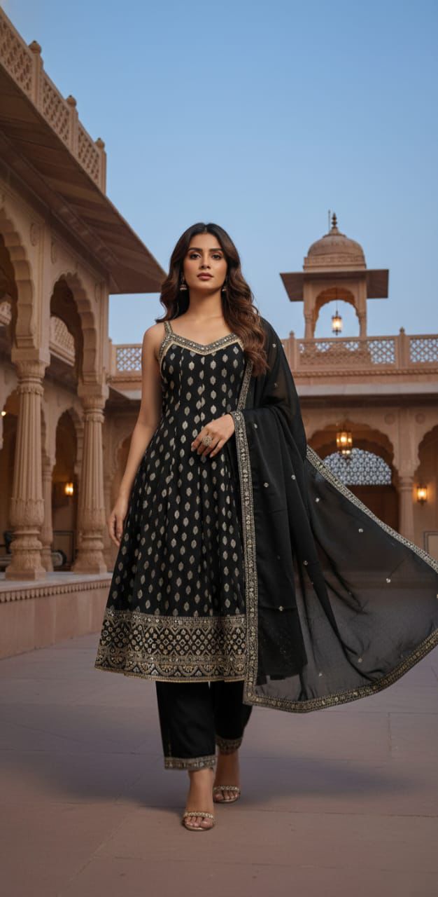 Women Black Woven Design & Embroidered Pure Cotton V-Neck Kurta & Trousers With Dupatta Set