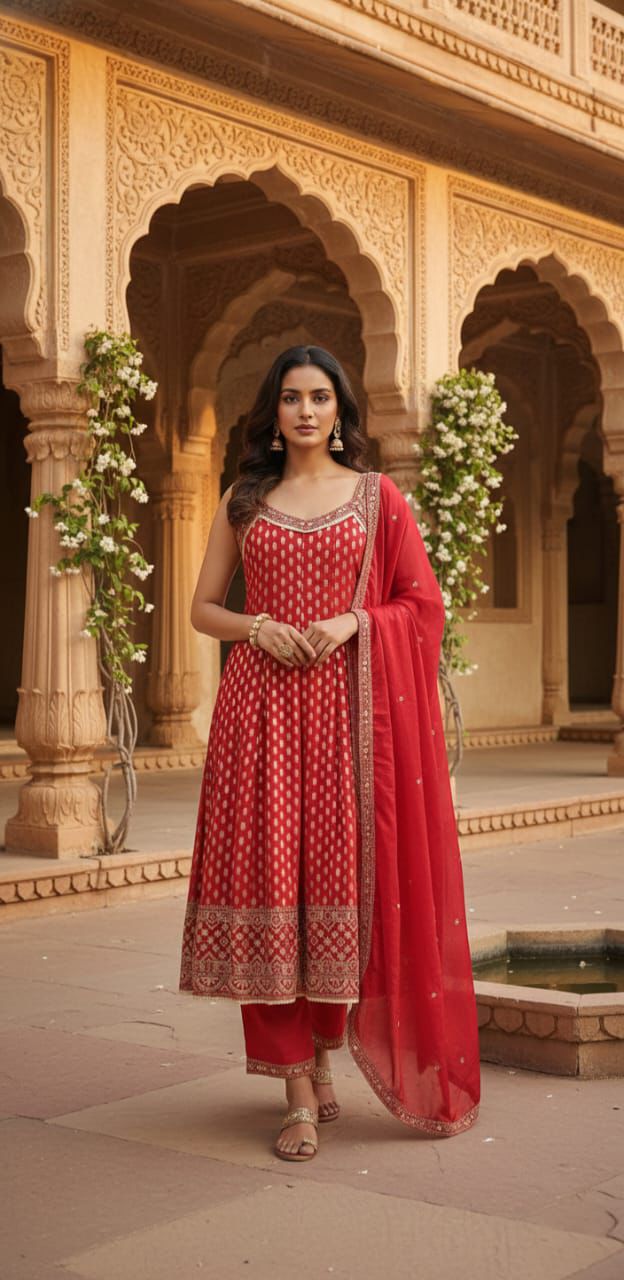 Women Red Woven Design & Embroidered Pure Cotton V-Neck Kurta & Trousers With Dupatta Set