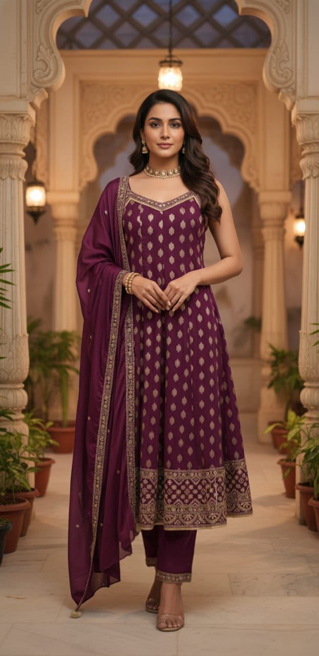 Women Bhurgundy Woven Design & Embroidered Pure Cotton V-Neck Kurta & Trousers With Dupatta Set
