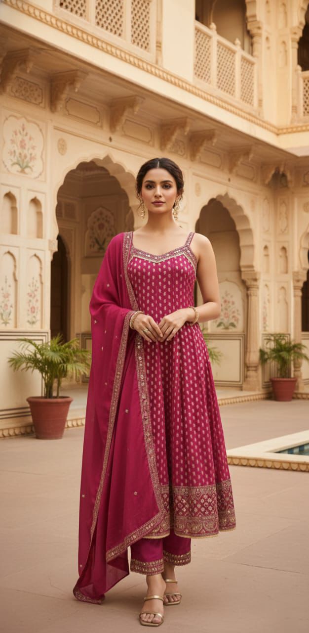 Women Pink Woven Design & Embroidered Pure Cotton V-Neck Kurta & Trousers With Dupatta Set