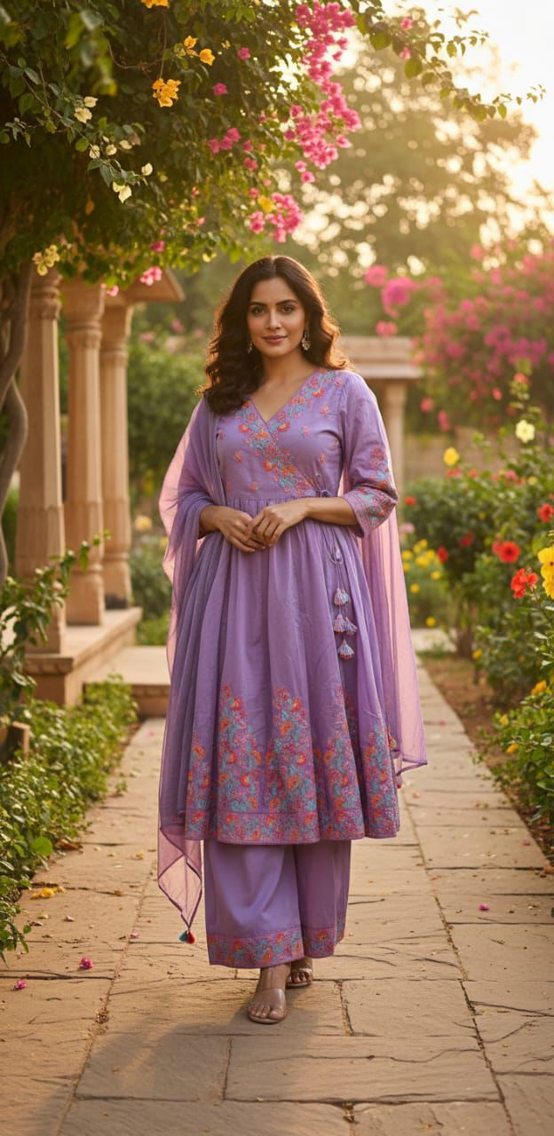 Women Purpal Color Embroidered Anarkali Kurta Palazzo With Dupatta Set