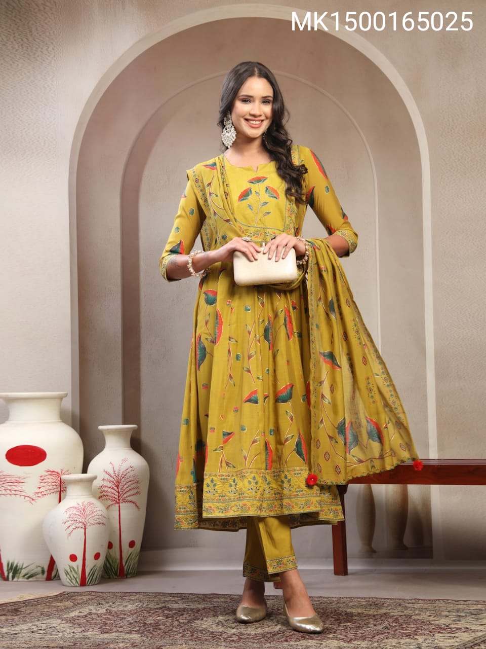 Women Green Embroidered with printed Round Neck Kurta & Trousers with Dupatta Set