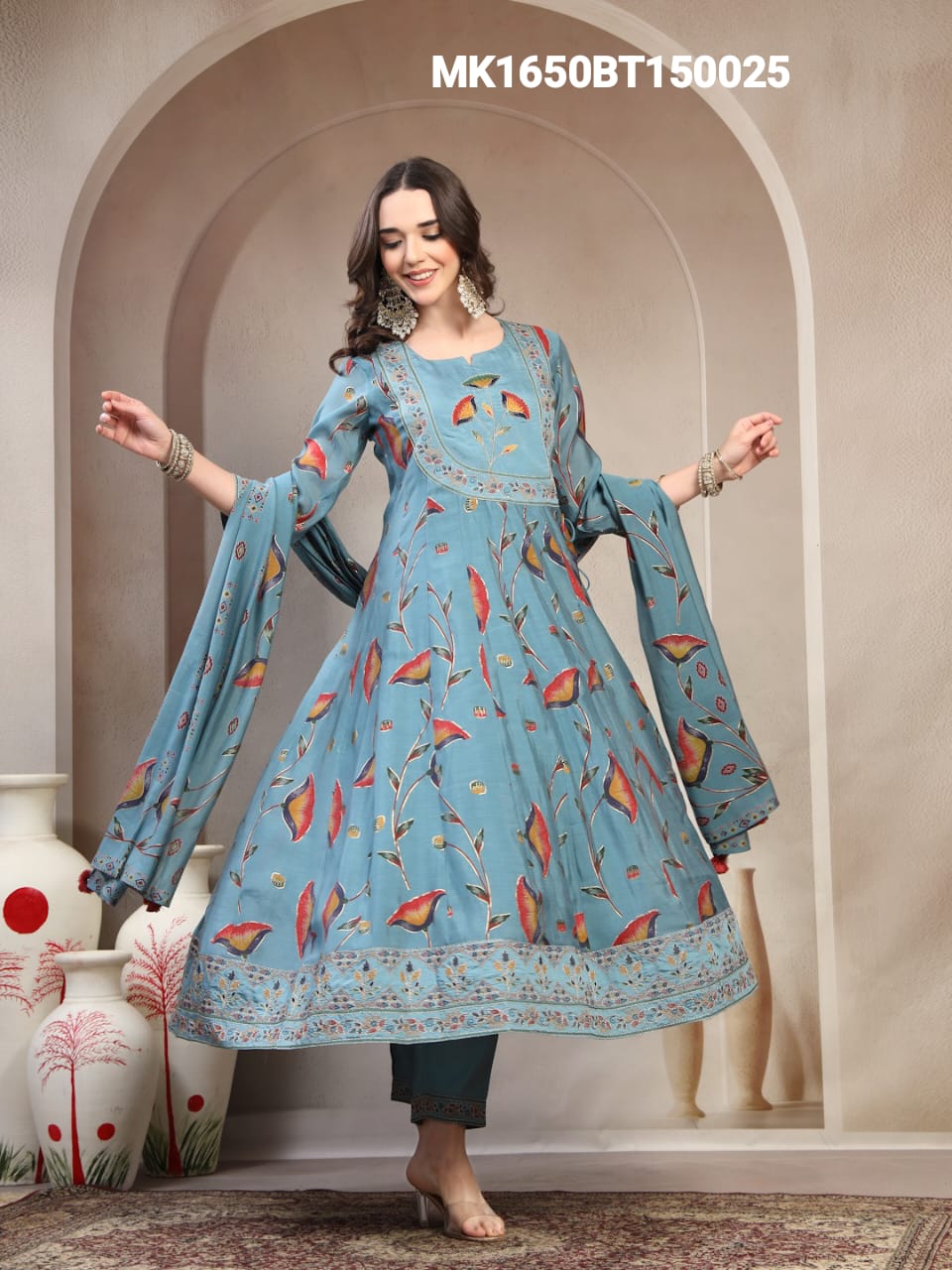 Women Blue Embroidered with printed Round Neck Kurta & Trousers with Dupatta Set