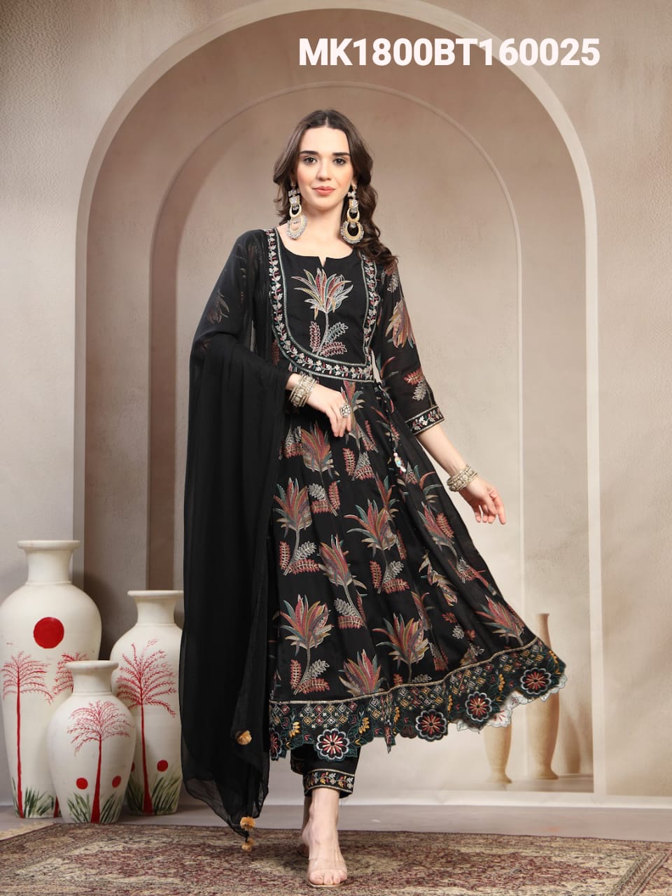 Women Black Embroidered with printed Round Neck Kurta & Trousers with Dupatta Set
