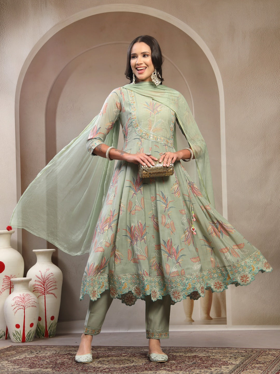 Women Olive Green Embroidered with printed Round Neck Kurta & Trousers with Dupatta Set