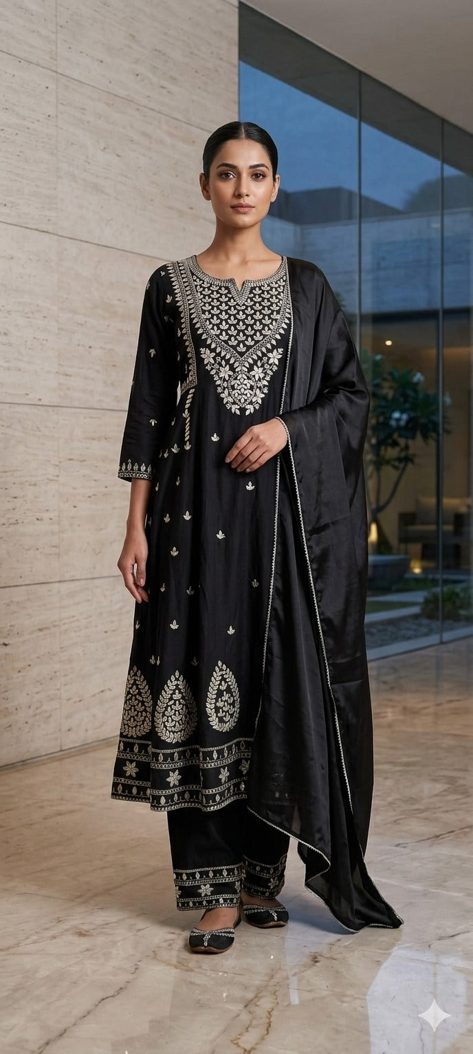 Women Black Embroidered Round Neck Kurta & Trousers With Dupatta Set