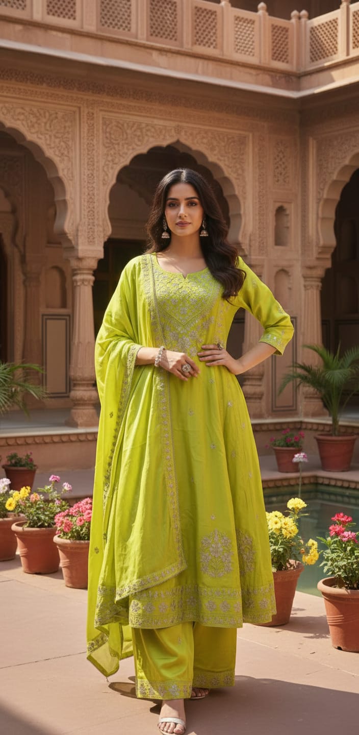 Women Green Embroidered Round Neck Kurta & Trousers With Dupatta Set