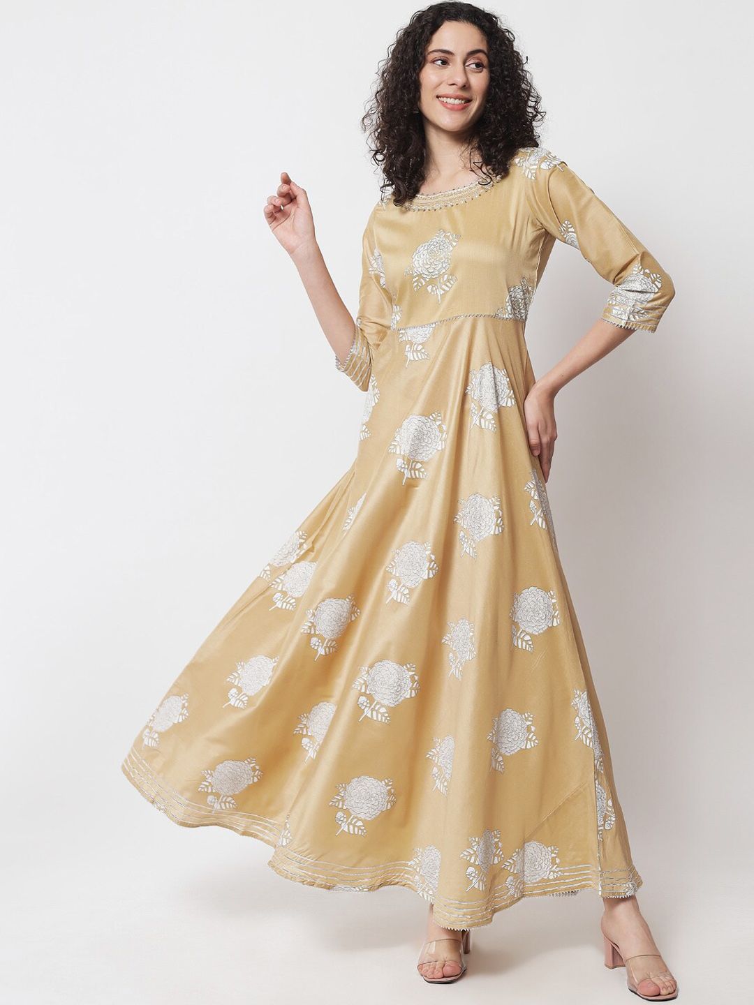 Women Beige Floral Printed Thread Work Chanderi Silk Anarkali Kurta