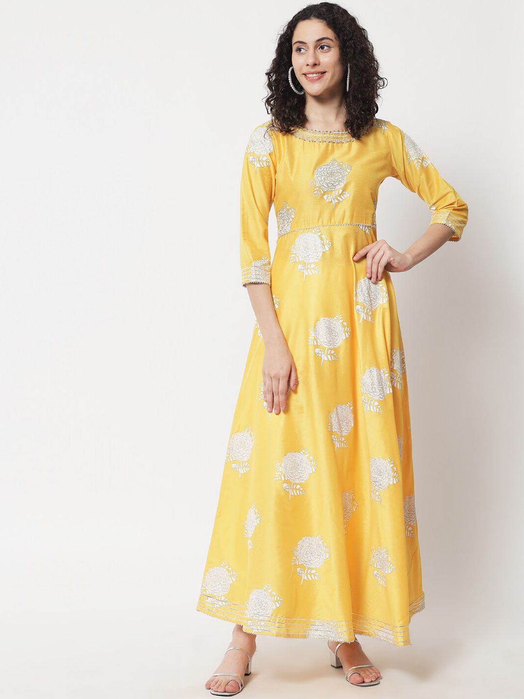 Women Yellow Floral Printed Thread Work Chanderi Silk Anarkali Kurta