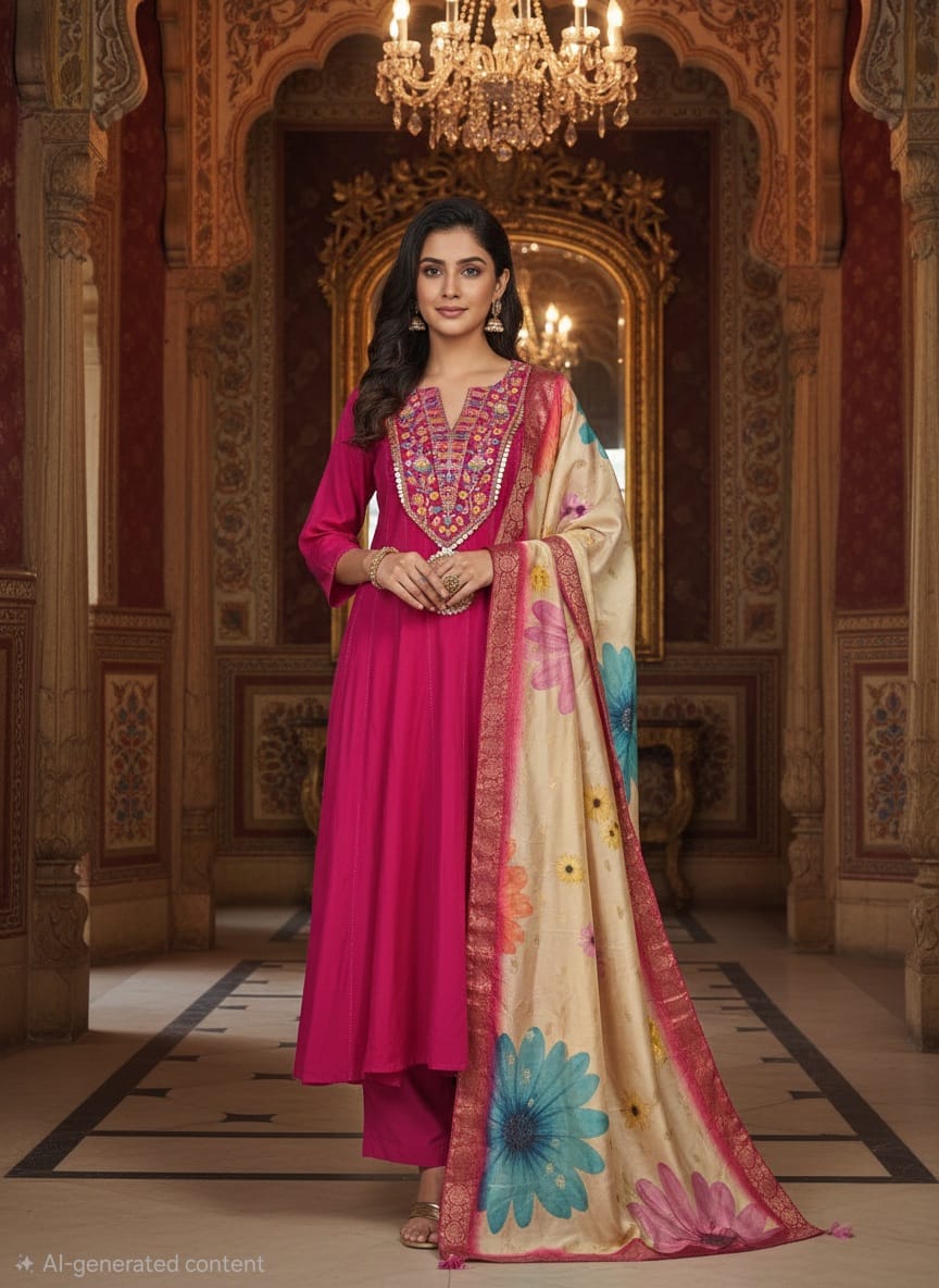 Women Pink Color Embroidery Anarkali Kurta Trouser With Dupatta Set