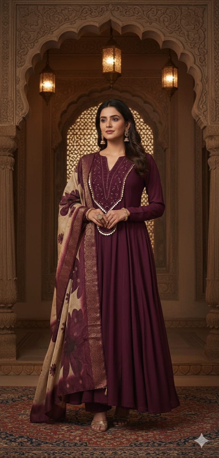 Women Bhargundy Color Embroidery Anarkali Kurta Trouser With Dupatta Set