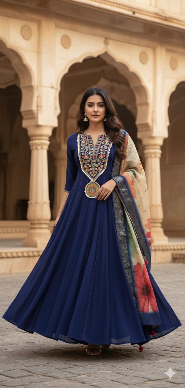 Women Blue Color Embroidery Anarkali Kurta Trouser With Dupatta Set