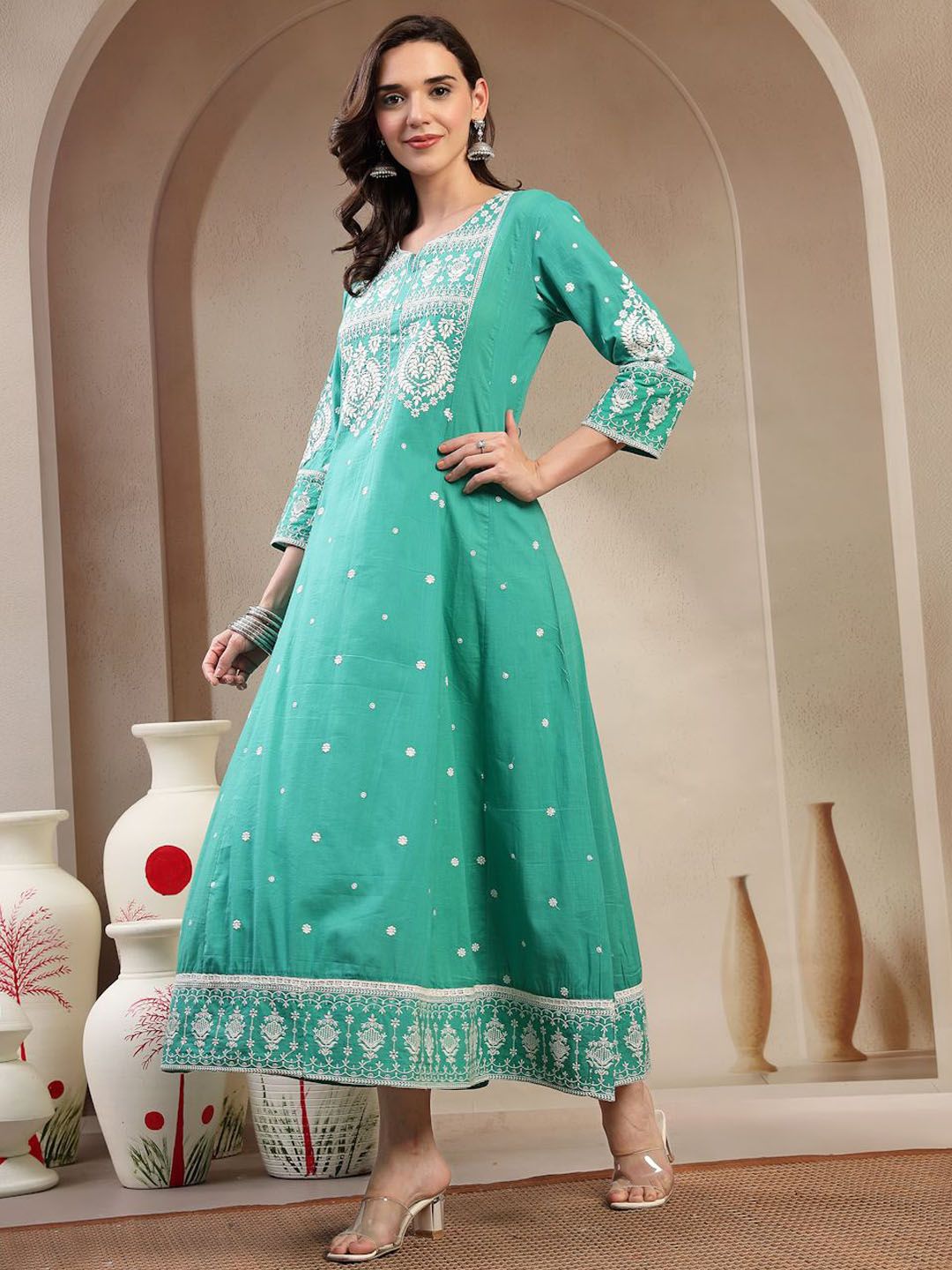 Women Embroidered Cotton A-Line Ethnic Dress