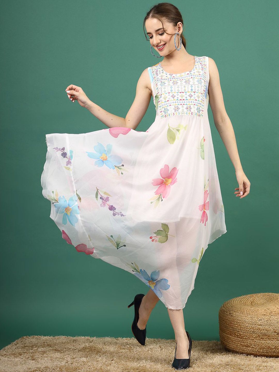 Women White Color Embroidered Mirror Work Fit & Flared Ethnic Dress