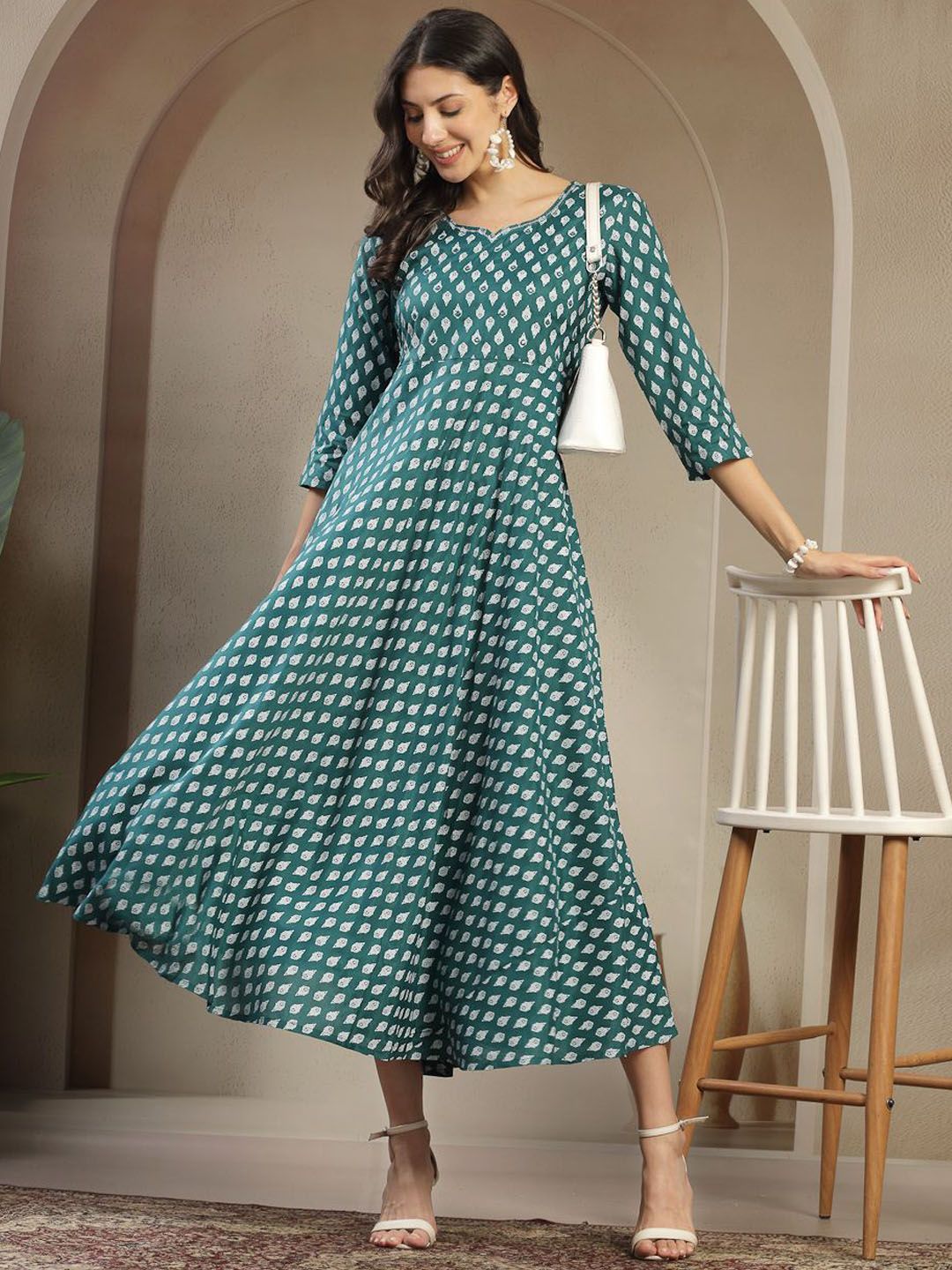Women Green Printed Anarkali Ethnic Dress