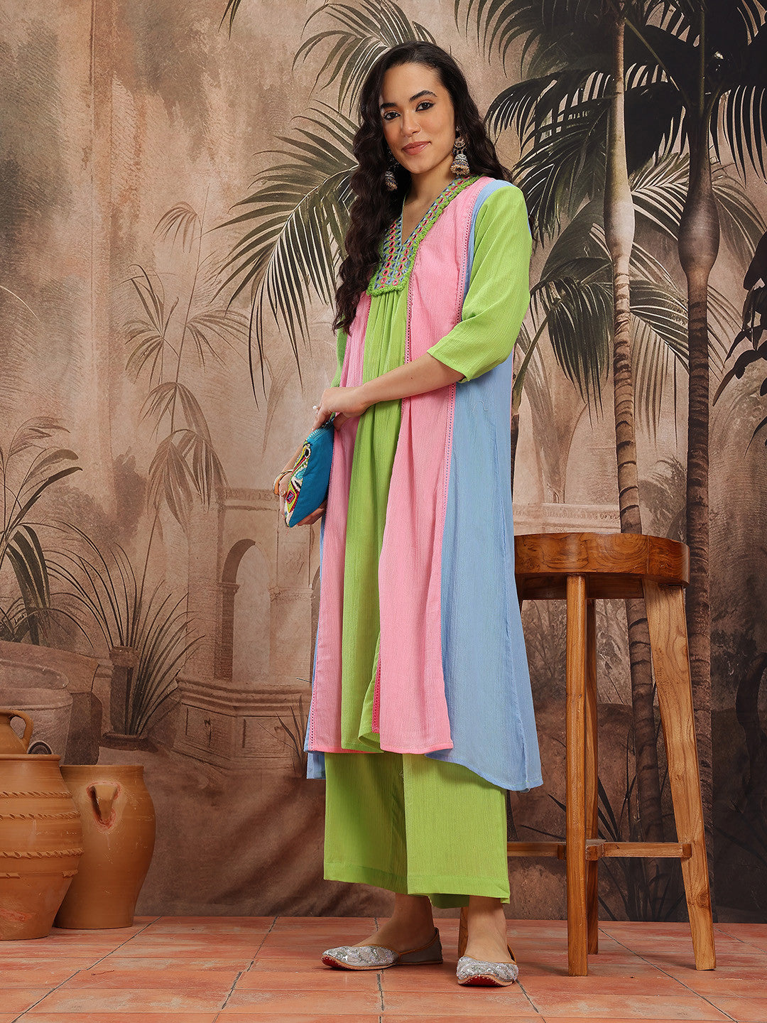 Women Green Colorblocked Lace Inserts Mirror Work Pure Cotton A-Line Kurta with Trousers Set