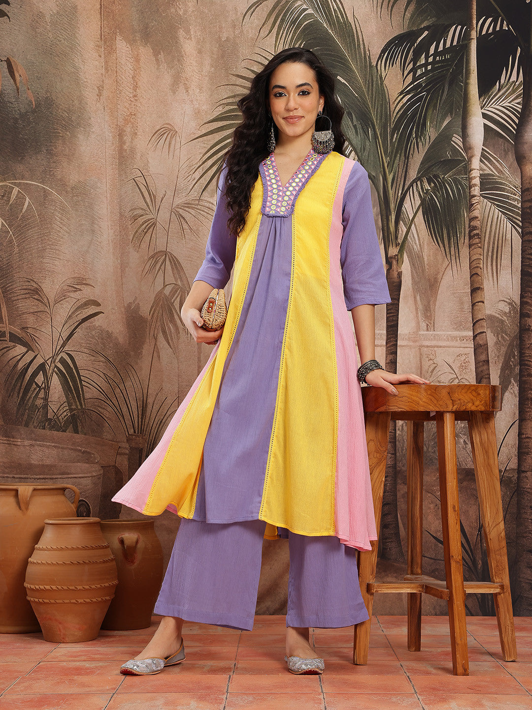 Women Yellow Colorblocked Lace Inserts Mirror Work Pure Cotton A-Line Kurta with Trousers Set