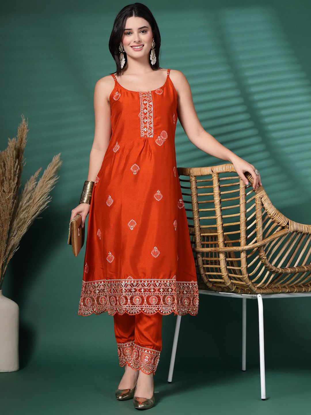 Women Orange Color Floral Embroidered Sleeveless A-Line Kurta With Trouser Set
